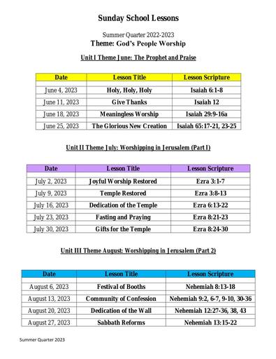 Summer 2023 (June-August) Lessons & Scriptures